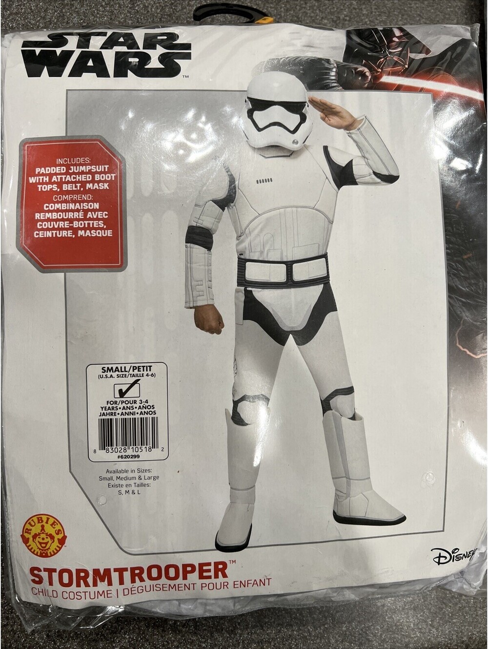 Disney STAR WARS Halloween Costume Stormtrooper: Bodysuit, Mask, Child Small 3-4